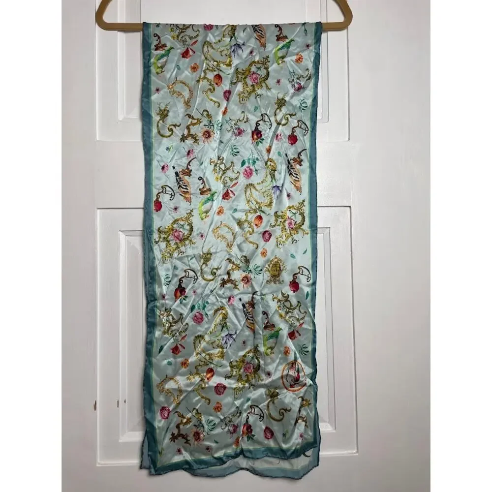 Satin Floral Bird Scarf Ice Blue Coquette Enchanting Rectangle Wrap‎ Neck Scarf